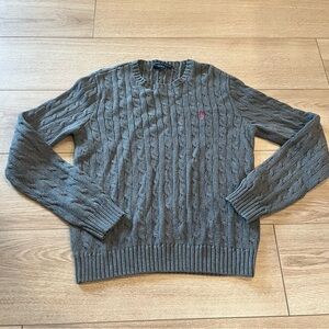 Ralph Lauren Crew Neck Cable Knit Gray Cotton Sweater Preppy Size XL